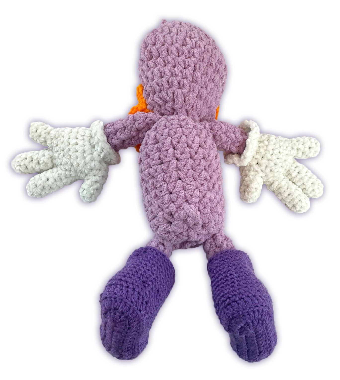 Back view of Sofie crochet toon plush, sparkly bulky yarn stitch construction