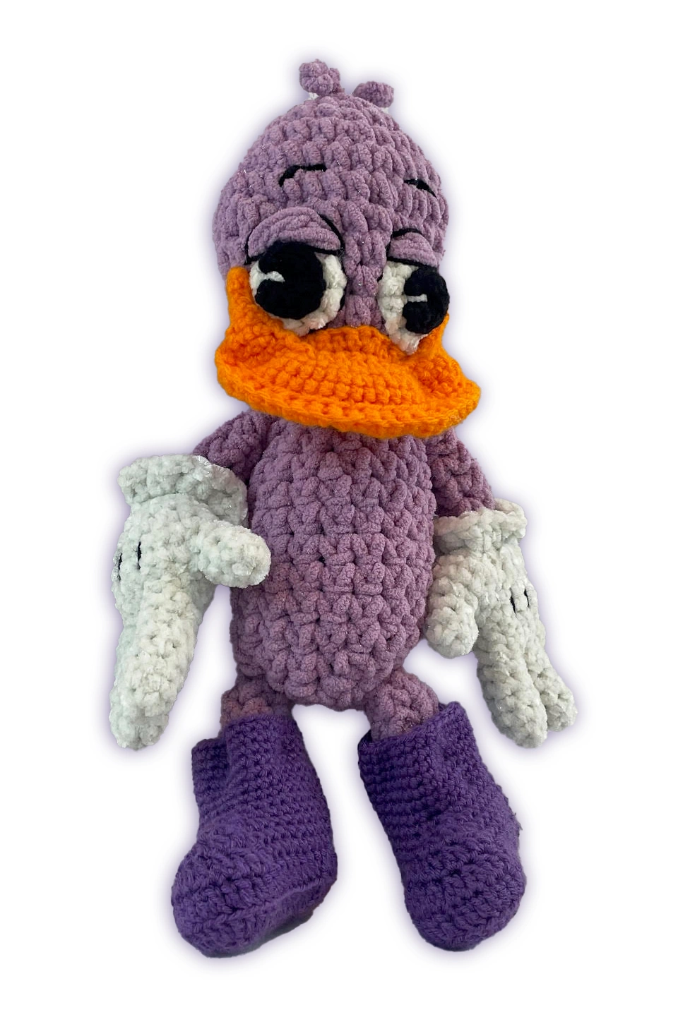 Sofie crochet toon plush standing view, handmade sparkly yarn body detail