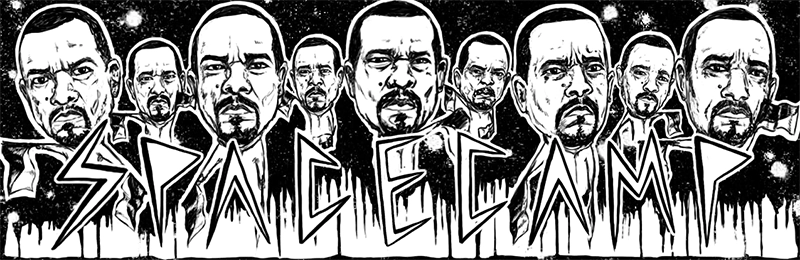 Space Camp band merch sticker, illustrations of Ice-T holding semaphore flags spelling the band name