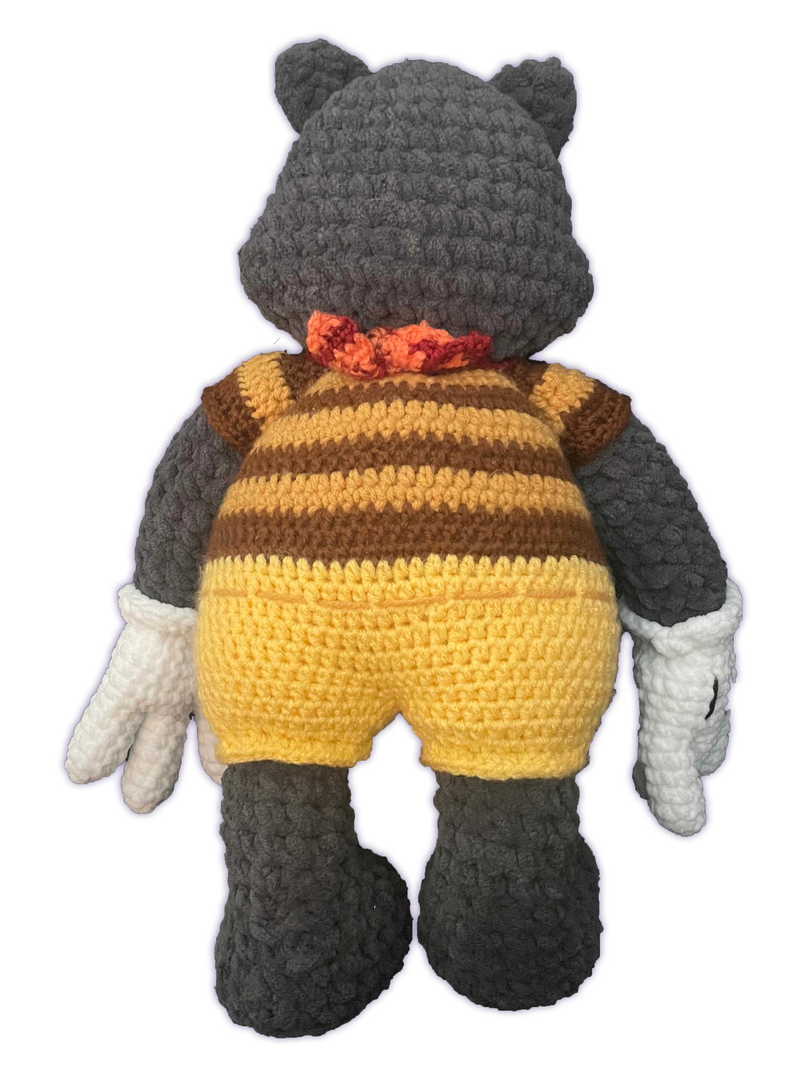 Back view of Spicy T-Bone crochet toon plush, handmade stitch construction detail