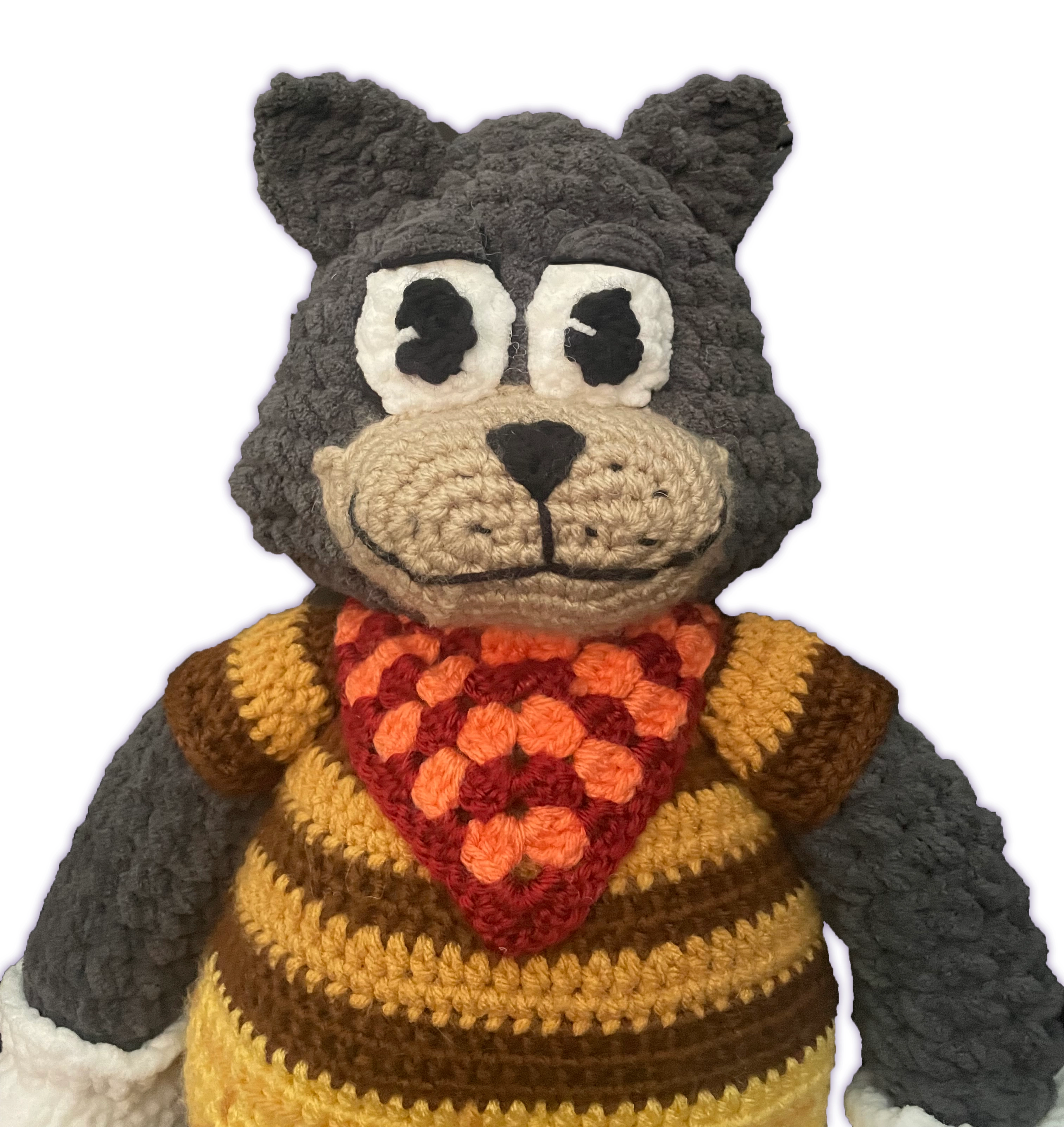 Close-up of Spicy T-Bone crochet plush face and upper body, handmade toon detail