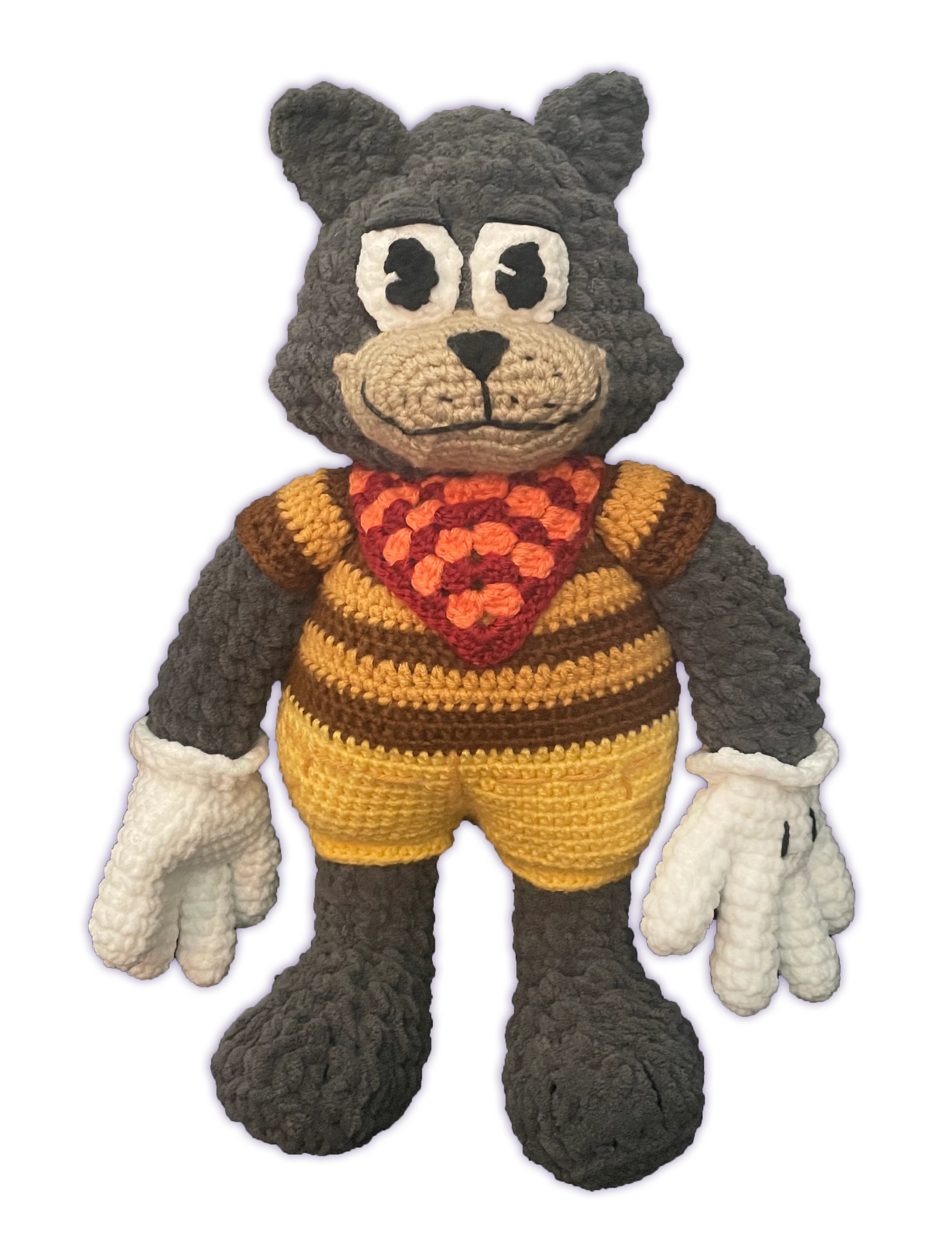 Handmade crochet Spicy T-Bone Toontown plush, cat toon with attached shirt, shorts, and bandana