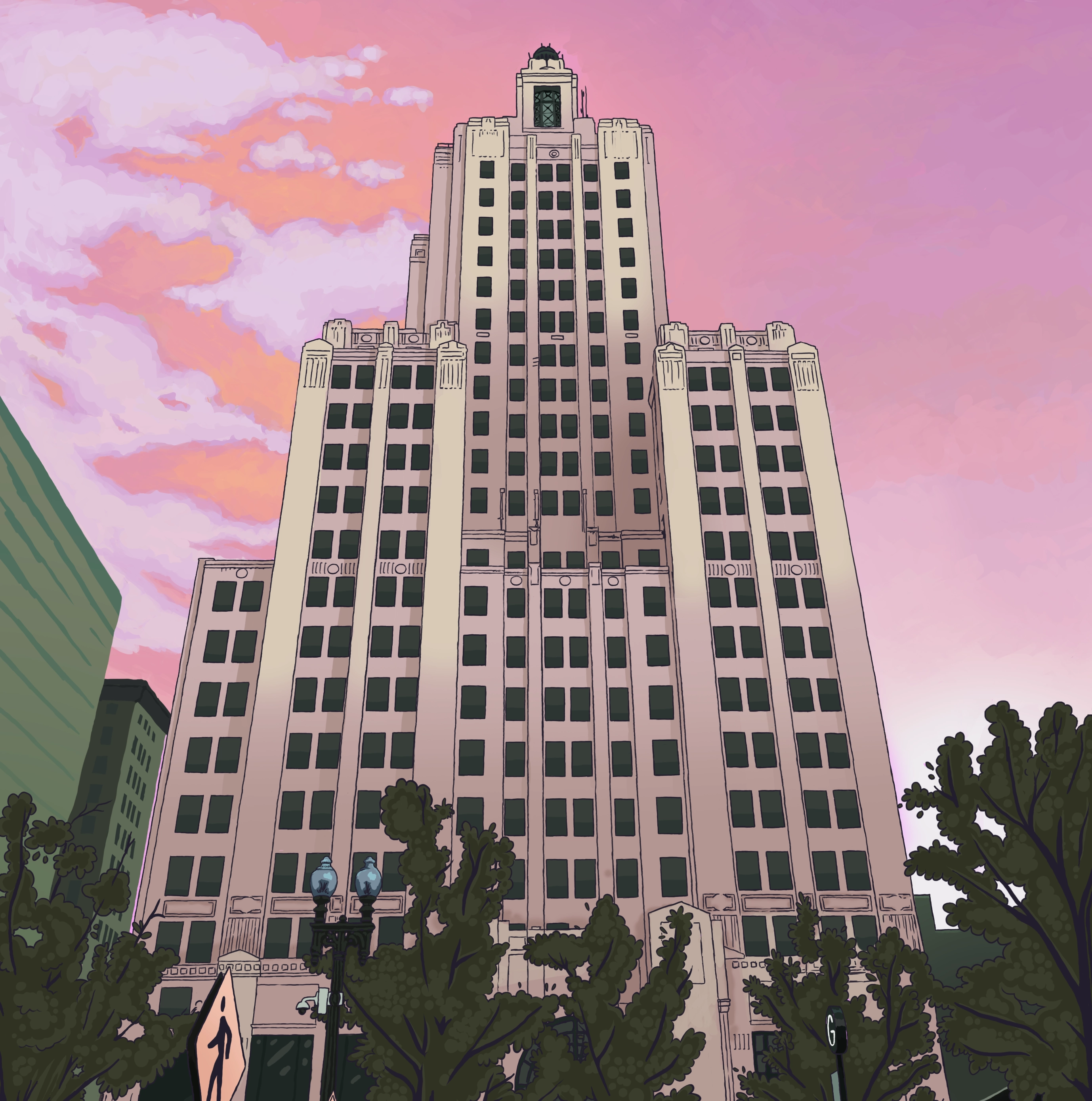Superman Building illustration, original Fox Point band album cover made in Photoshop, Providence Rhode Island