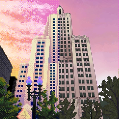 Superman Building Fox Point album cover thumbnail, original and pixel art versions split side by side
