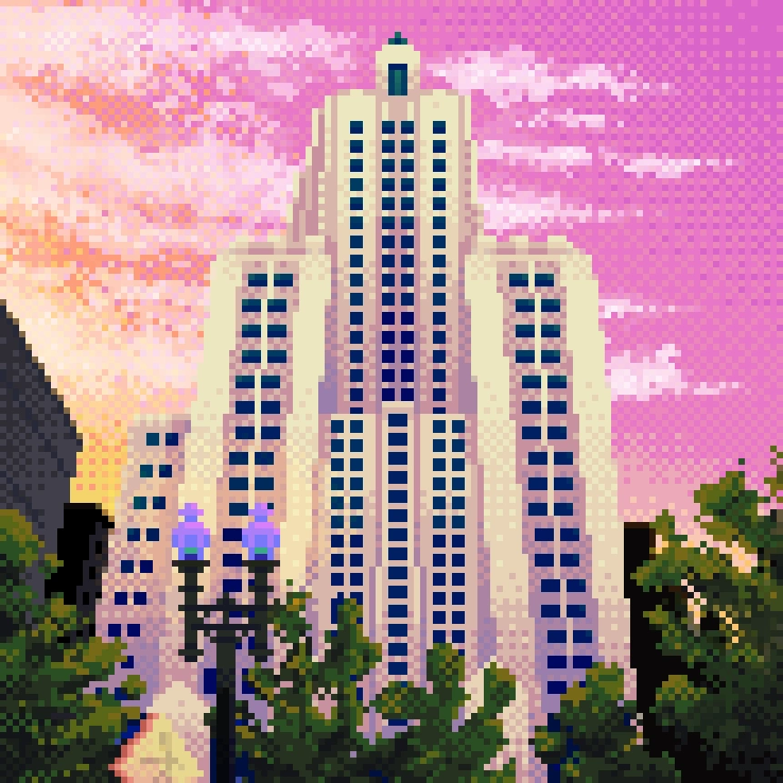 Superman Building pixel art, reinterpreted Fox Point album cover created in Aseprite, 123x123px