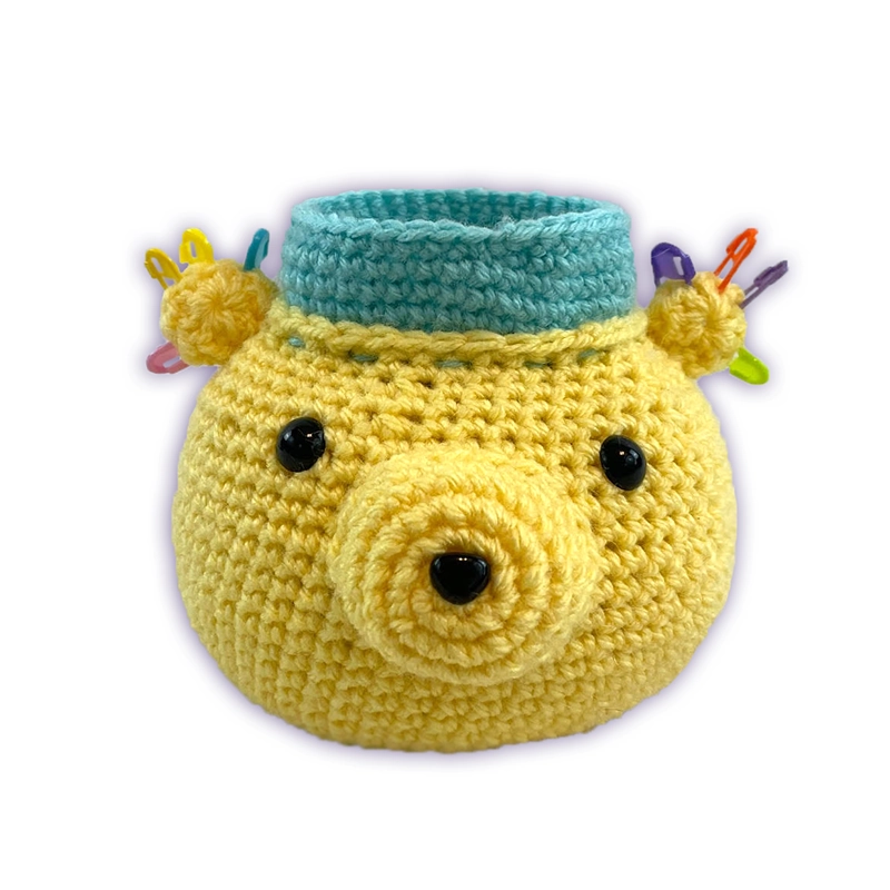 Crochet yellow bear desk organizer and pin cushion