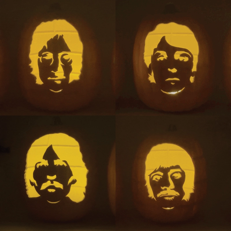 Four carved foam pumpkins featuring the Beatles' faces, Halloween decor thumbnail