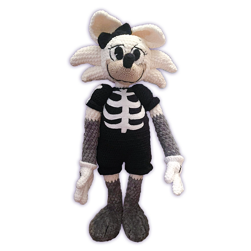 Crochet fox toon plush thumbnail, creamy-white and gray fox with skeleton bone shirt