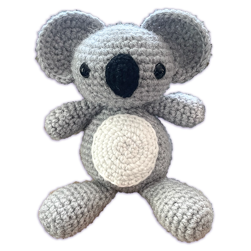 Handmade crochet koala plush toy with large ears and white belly