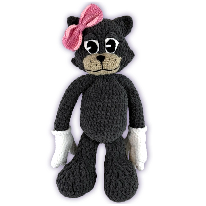 Pancake crochet toon plush thumbnail, dark grey cat toon with removable bow