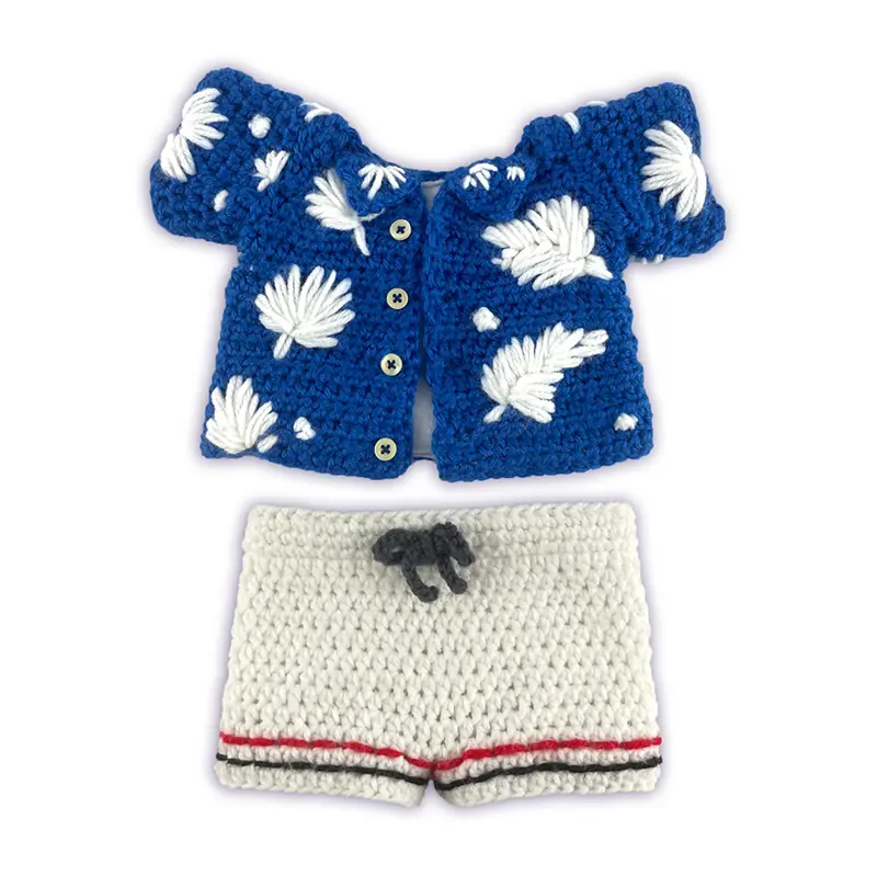 Crochet Pixie Toontown outfit thumbnail, handmade button-up shirt and gym shorts