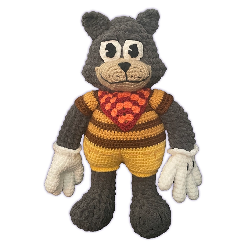 Spicy T-Bone crochet toon plush thumbnail, cat toon with attached shirt and bandana