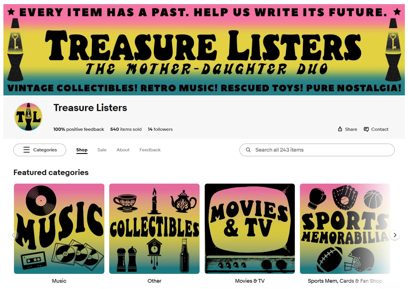 Screenshot of Treasure Listers eBay storefront, showing branded header, category banners, and product listings