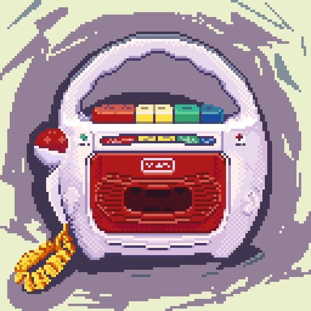 Pixel art of vintage Playskool cassette recorder, childhood nostalgia toy created in Aseprite