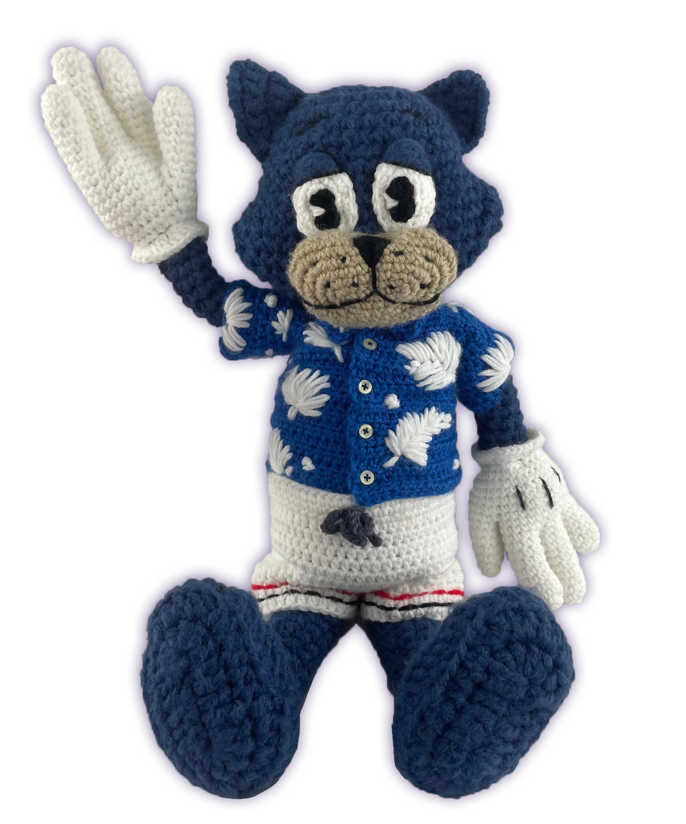 Crochet Pixie Toontown plush waving, blue cat toon in handmade removable outfit