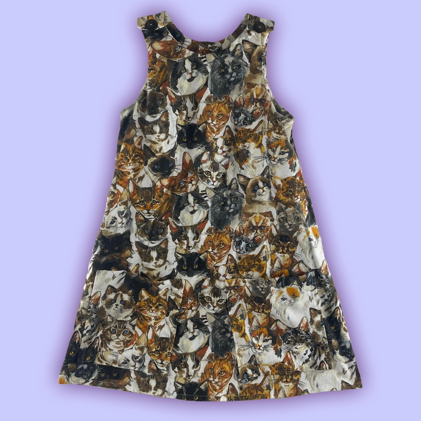 Handmade cat print dress sewn from a vintage 1960s sewing pattern, front view
