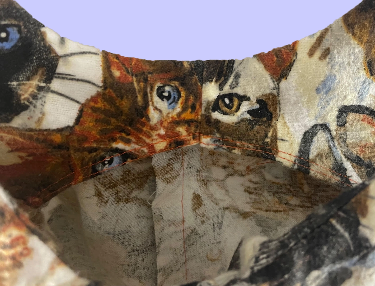 Inside view of cat dress showing facing detail on neckline