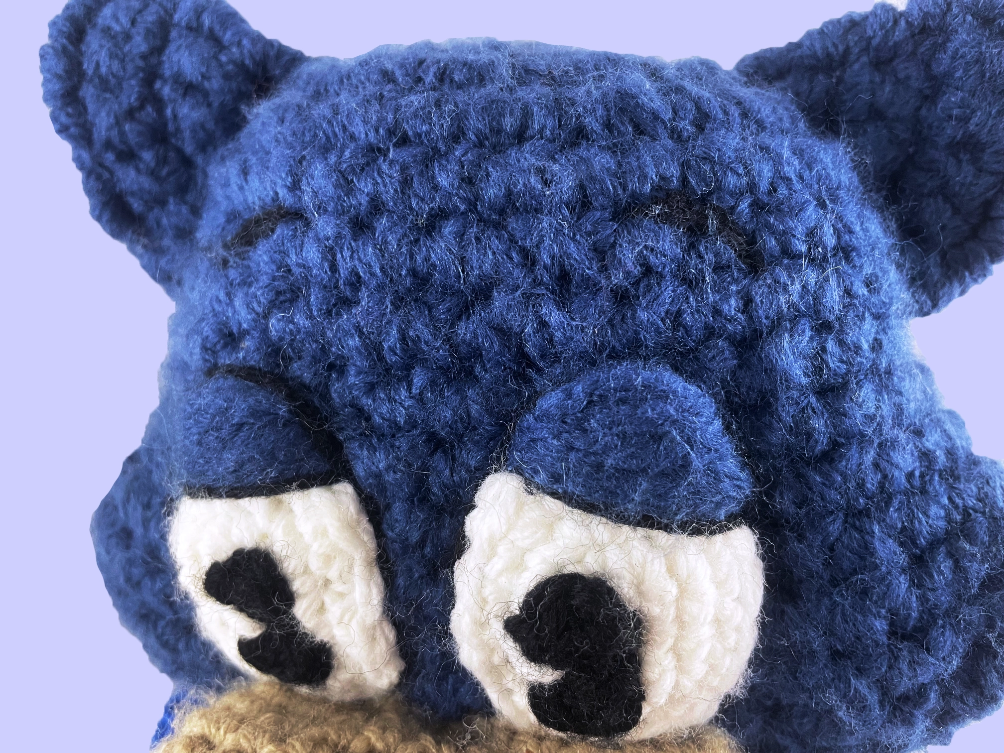 Close-up of crochet plush top of face showing embroidered eyebrows, eyelids, and eye details. Handmade blue cat Toontown character.