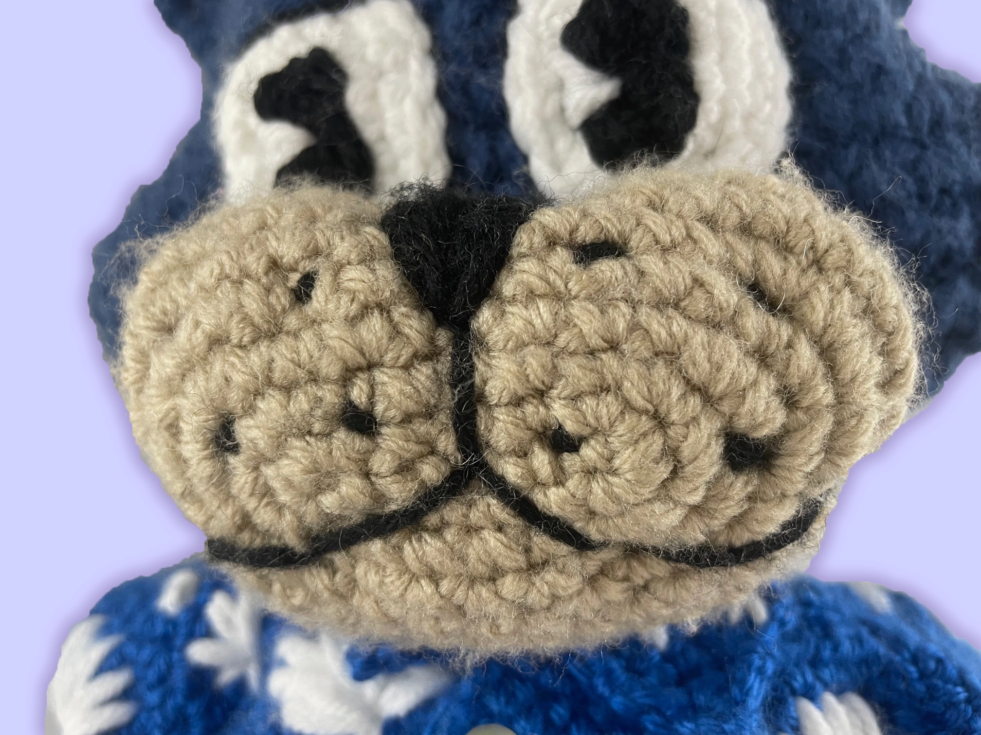 Close-up of crochet plush face showing detailed mouth, nose, and embroidered freckles. Handmade Toontown-inspired character.