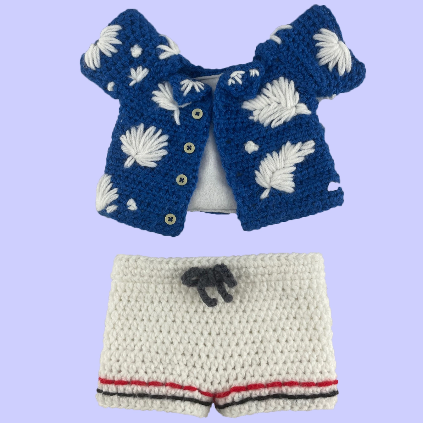 Handmade crochet Toontown plush outfit: blue floral shirt with stitched flowers and buttons, white gym shorts with striped legs and drawstring bow.