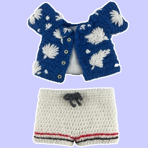 Handmade crochet outfit for Toontown plush: blue floral shirt with hand-stitched flowers and functional buttons, paired with white gym shorts featuring red and grey stitched stripes, elastic waistband, and drawstring bow. Custom crocheted plush clothing set.