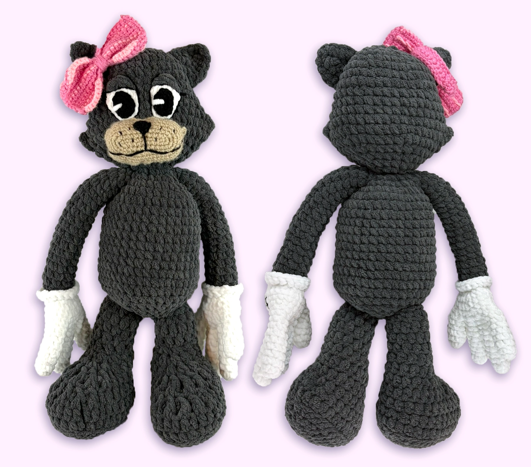 Front and back view of a custom crochet Toon cat