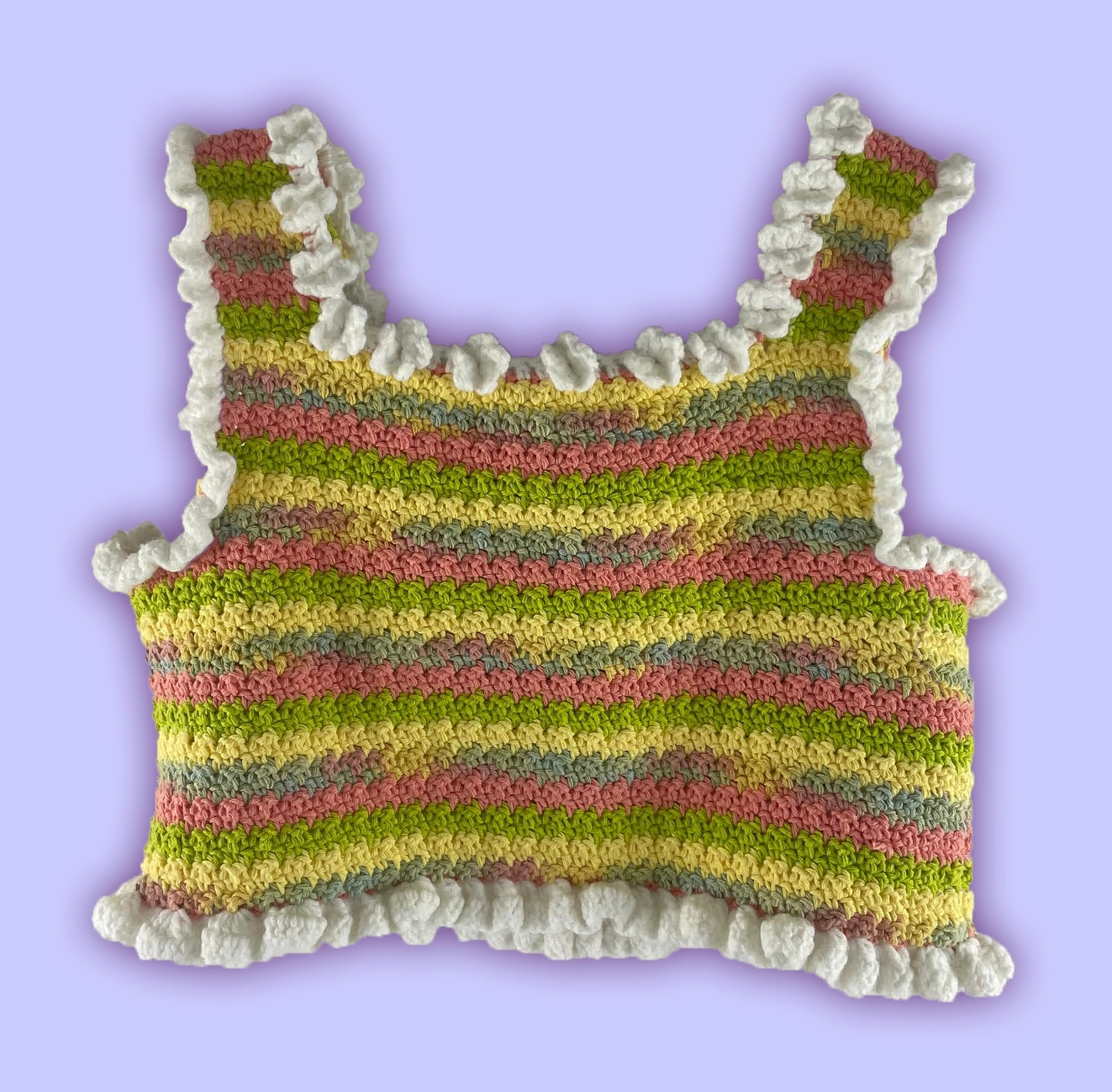 Multicolored Crochet Cotton Summer Tank Top with Floral Neckline and Ruffles
