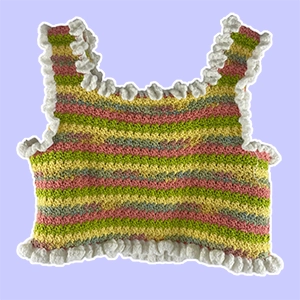 multi-colored crochet summer tank top with floral neckline and ruffles