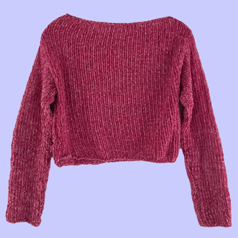 Back view of pink velvet knit long sleeve shirt